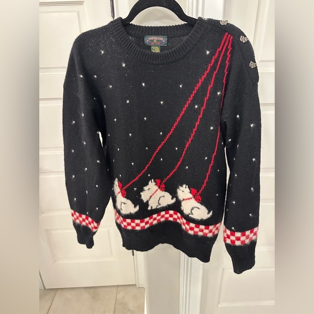 Vintage 80s 90s Scottie Dog Sweater Women’s Large Wool Fair Isle Charter Button
